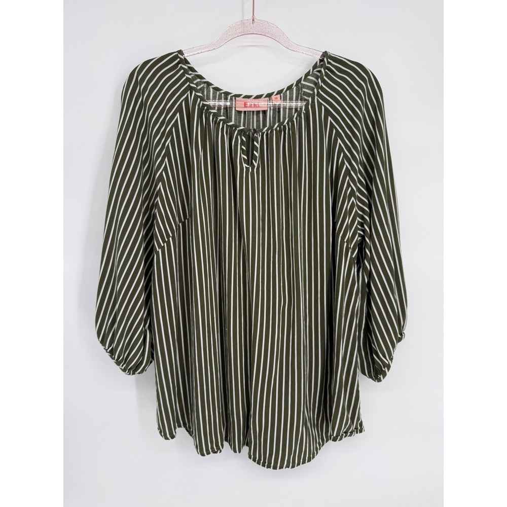 EVRI Olive Green White Stripe Tie Neck 3/4 Sleeve Tunic Top Plus Size 1X